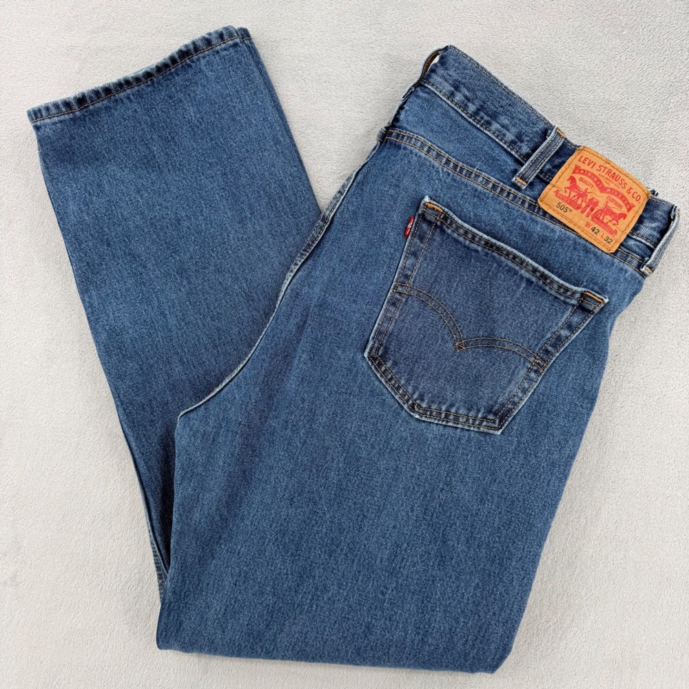 Levis 505 Regular Fit Straight Leg Mens Jeans Medium Wash Blue Denim Size 42x32